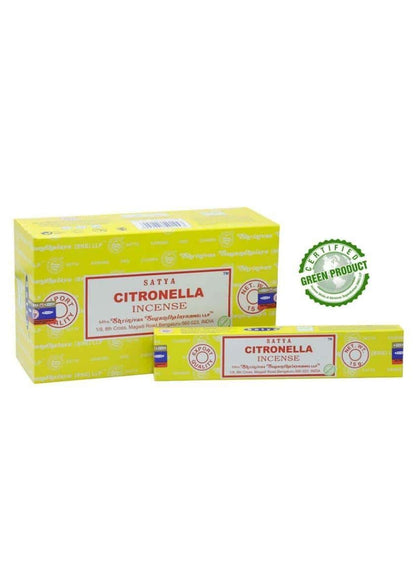 Helle gelbe rechteckige satya citronella räucherstäbchen box mit rotem etikett ideal für gothic kleidung favorisierte atmosphäre