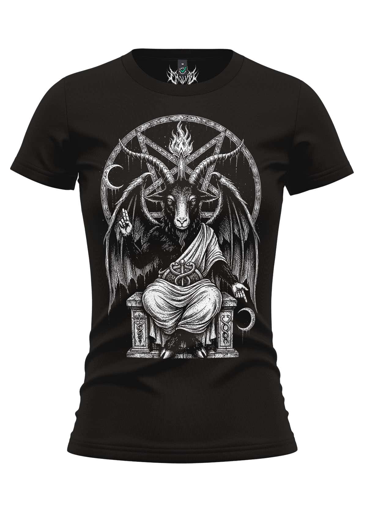 Schwarzes damen t-shirt mit detaillierter weißer baphomet grafik auf thron für gothic horror dark fashion fans