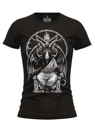 Schwarzes damen t-shirt mit detaillierter weißer baphomet grafik auf thron für gothic horror dark fashion fans