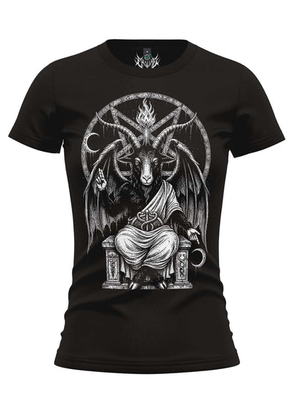 Schwarzes damen t-shirt mit detaillierter weißer baphomet grafik auf thron für gothic horror dark fashion fans