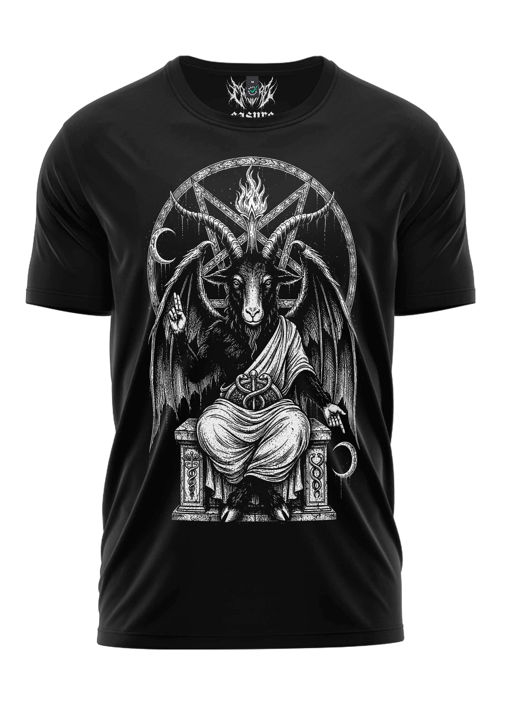 Schwarzes klassisches gothic shirt mit detaillierter baphomet grafik und pentagrammen in dark art stil