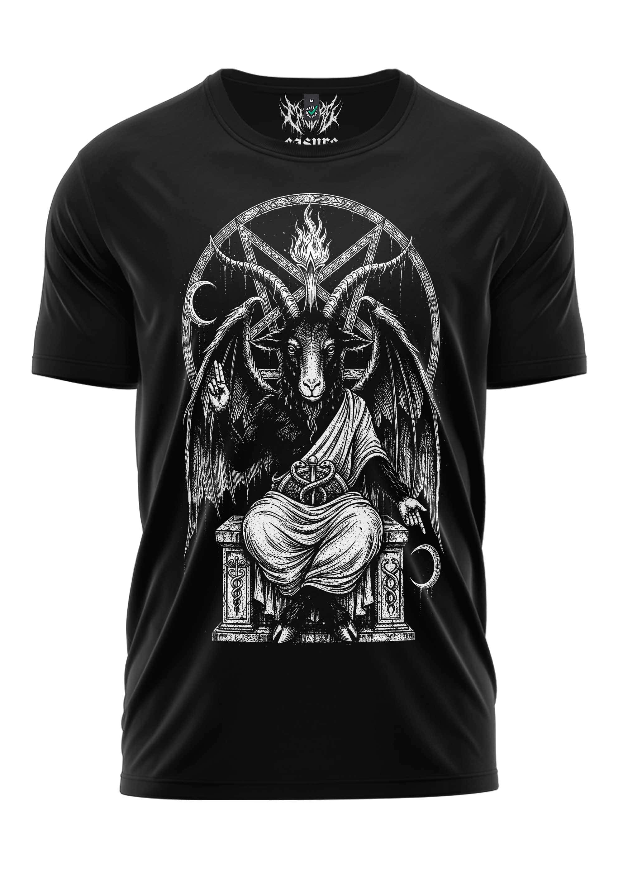 Schwarzes klassisches gothic shirt mit detaillierter baphomet grafik und pentagrammen in dark art stil