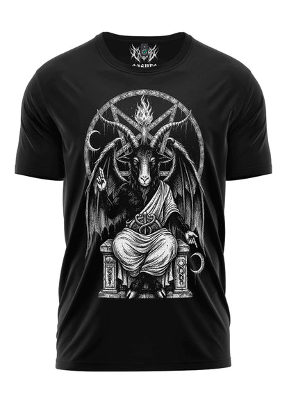 Schwarzes klassisches gothic shirt mit detaillierter baphomet grafik und pentagrammen in dark art stil