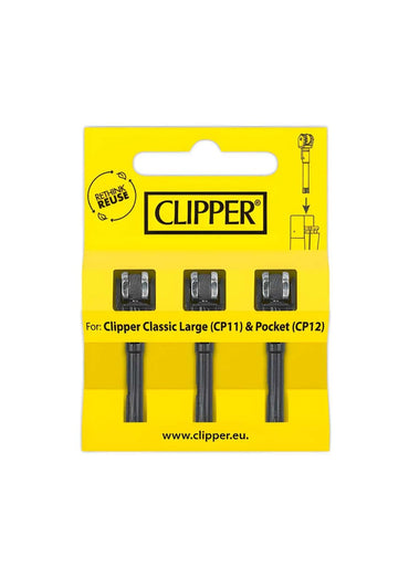 Drei schwarze ersatz-feuersteine in gelber verpackung für original clipper feuerstein-system clipper classic large