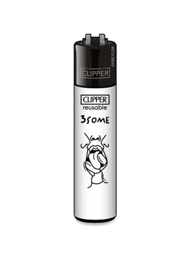 Silbernes originales clipper feuerzeug modell 3some mit schwarzem ober- und unterteil und insect cartoon motiv