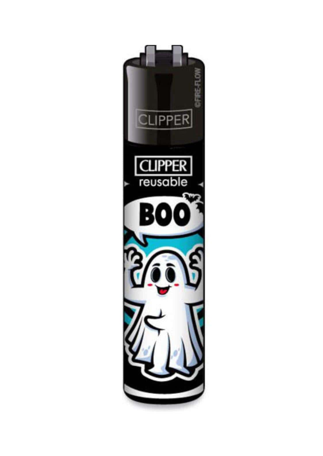 Schwarzes nachfüllbares clipper feuerzeug mit cartoon gespenst und schriftzug boo als gothic accessoire
