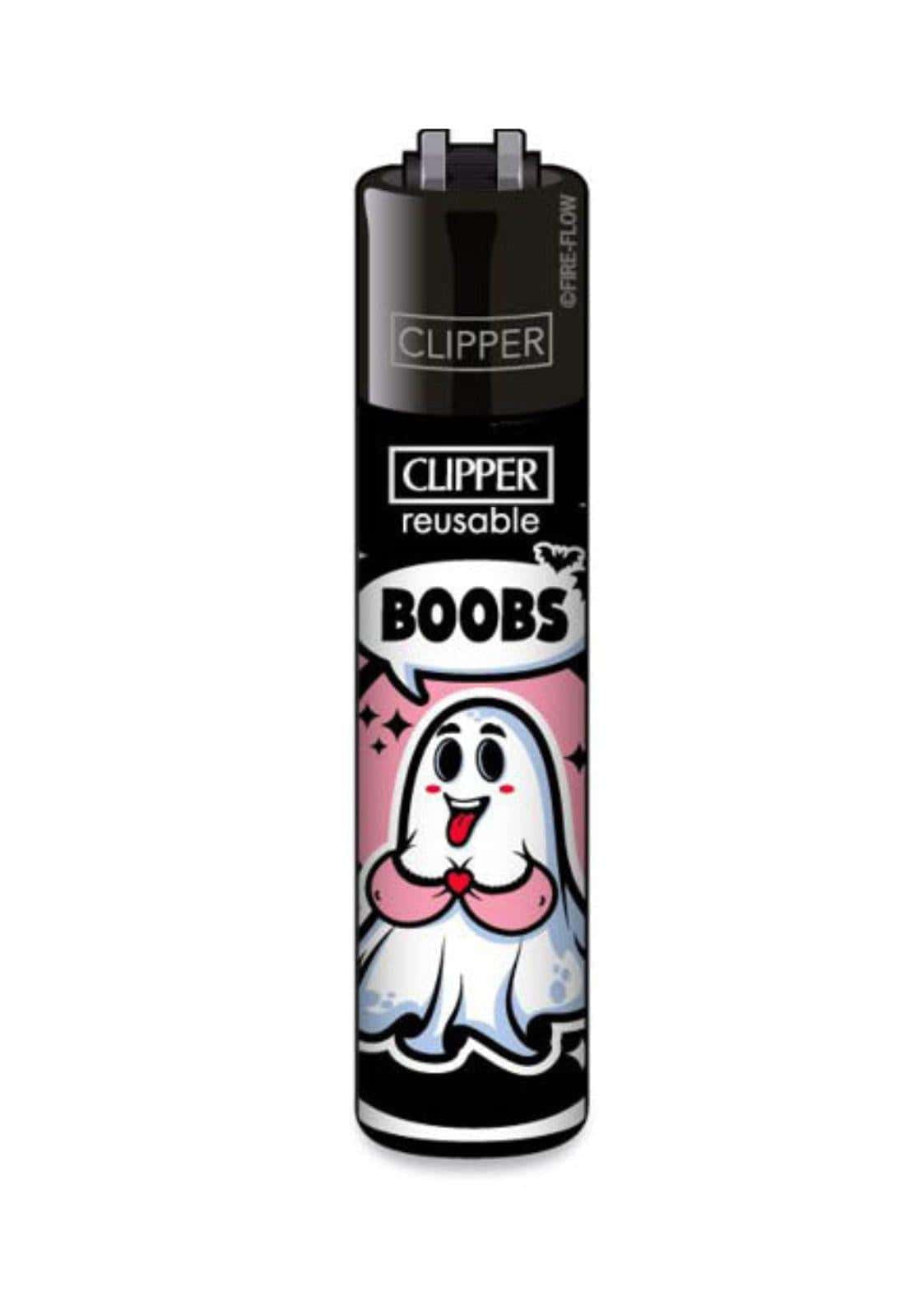 Schwarzes clipper feuerzeug mit pinkem und weißem cartoon-ghost und lustigem geistermotiv namens boobs gothic accessoire