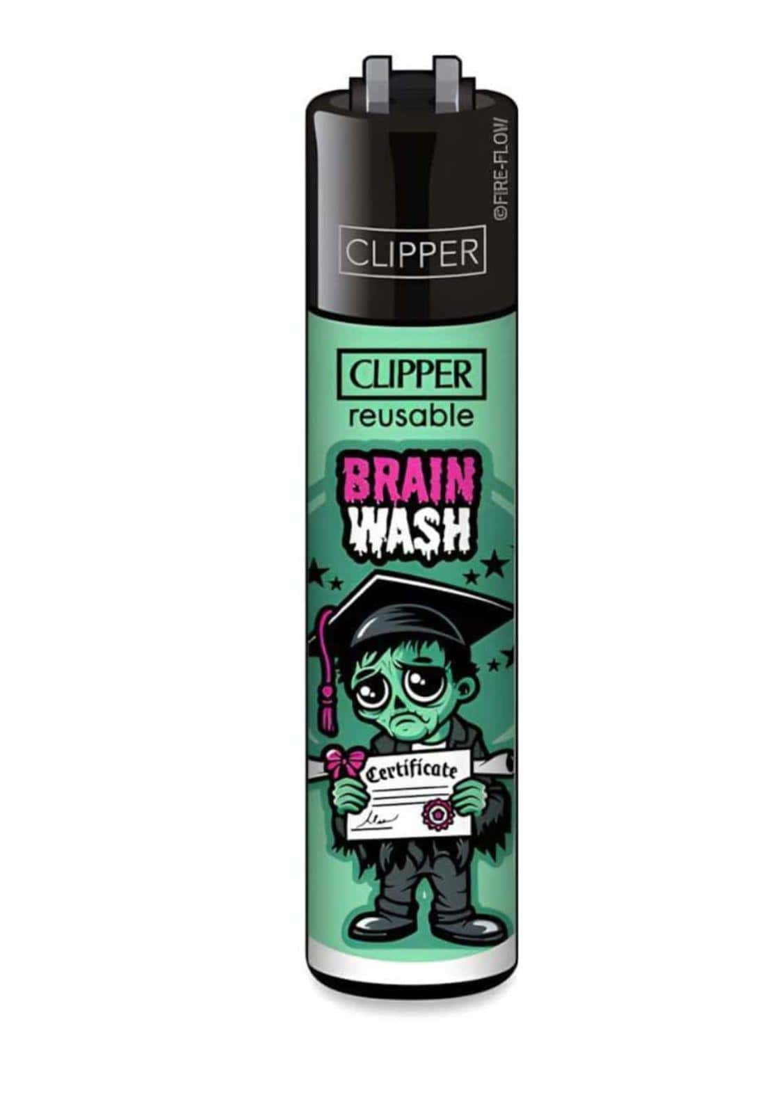 Grünes und schwarzes originales clipper feuerzeug brain wash mit cartoon zombie absolvent und zertifikat in pink