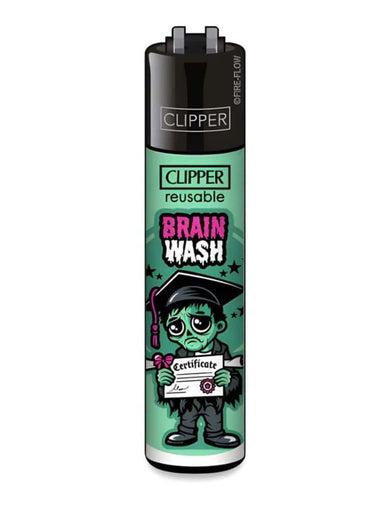 Grünes und schwarzes originales clipper feuerzeug brain wash mit cartoon zombie absolvent und zertifikat in pink
