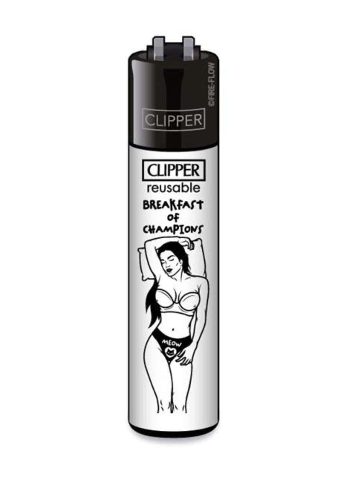Schwarzer und silberner clipper lighter mit schwarz-weiß zeichnung einer frau in lingerie und text breakfast of champions
