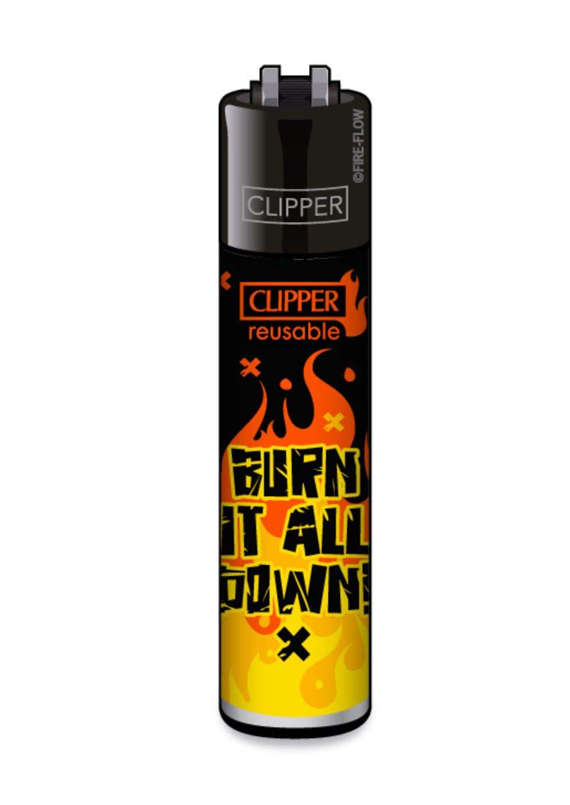 Schwarzes und orangenes clipper feuerzeug burn it all down mit metallischem finish und feuerdesign