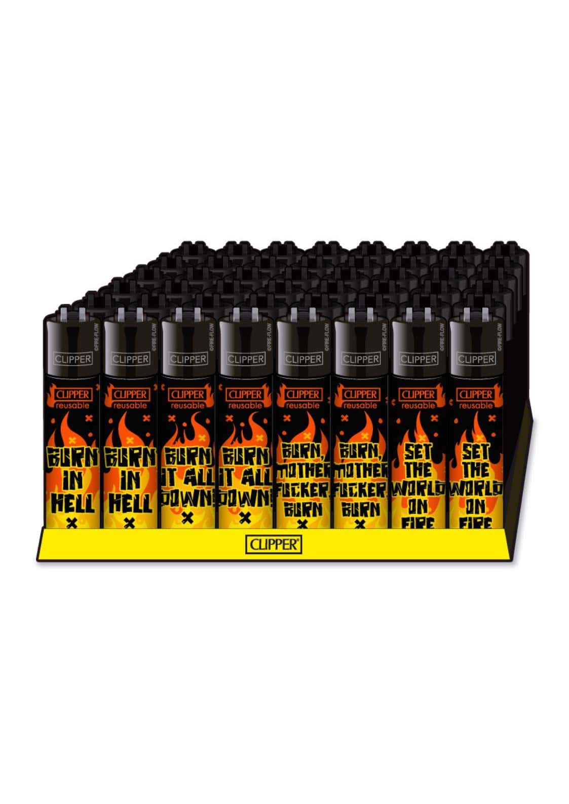 Burn it all down clipper feuerzeug mit nachfüllbarem schwarzen und orangefarbenem flammendesign und fettem text