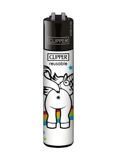 Weiß-schwarzes original clipper feuerzeug butthole unicorn mit cartoon einhorn und regenbogenstreifen unten