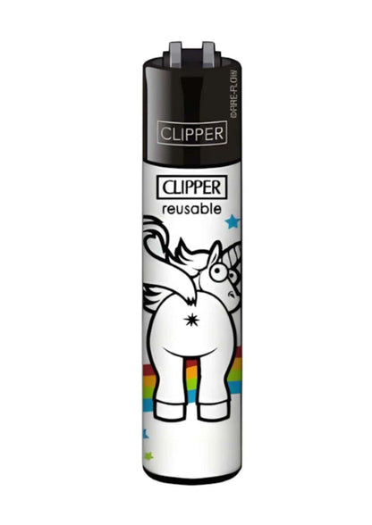 Weiß-schwarzes original clipper feuerzeug butthole unicorn mit cartoon einhorn und regenbogenstreifen unten