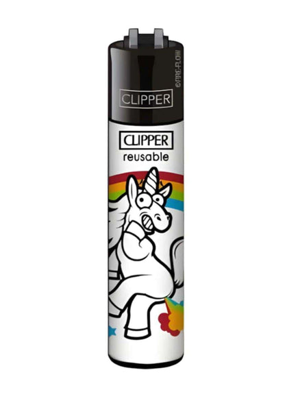 Weißes clipper feuerzeug crazy unicorn mit nachfüllbarer funktion und schwarzem cartoon einhorn in clipper qualität