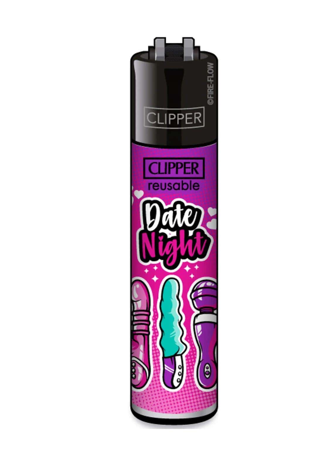Vibrantes lila und pinkes date night clipper feuerzeug mit spielerischen vibrator-illustrationen für dark fashion fans