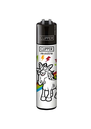 Weißes wiederbefüllbares clipper feuerzeug mit disi unicorn cartoon und original clipper qualität design