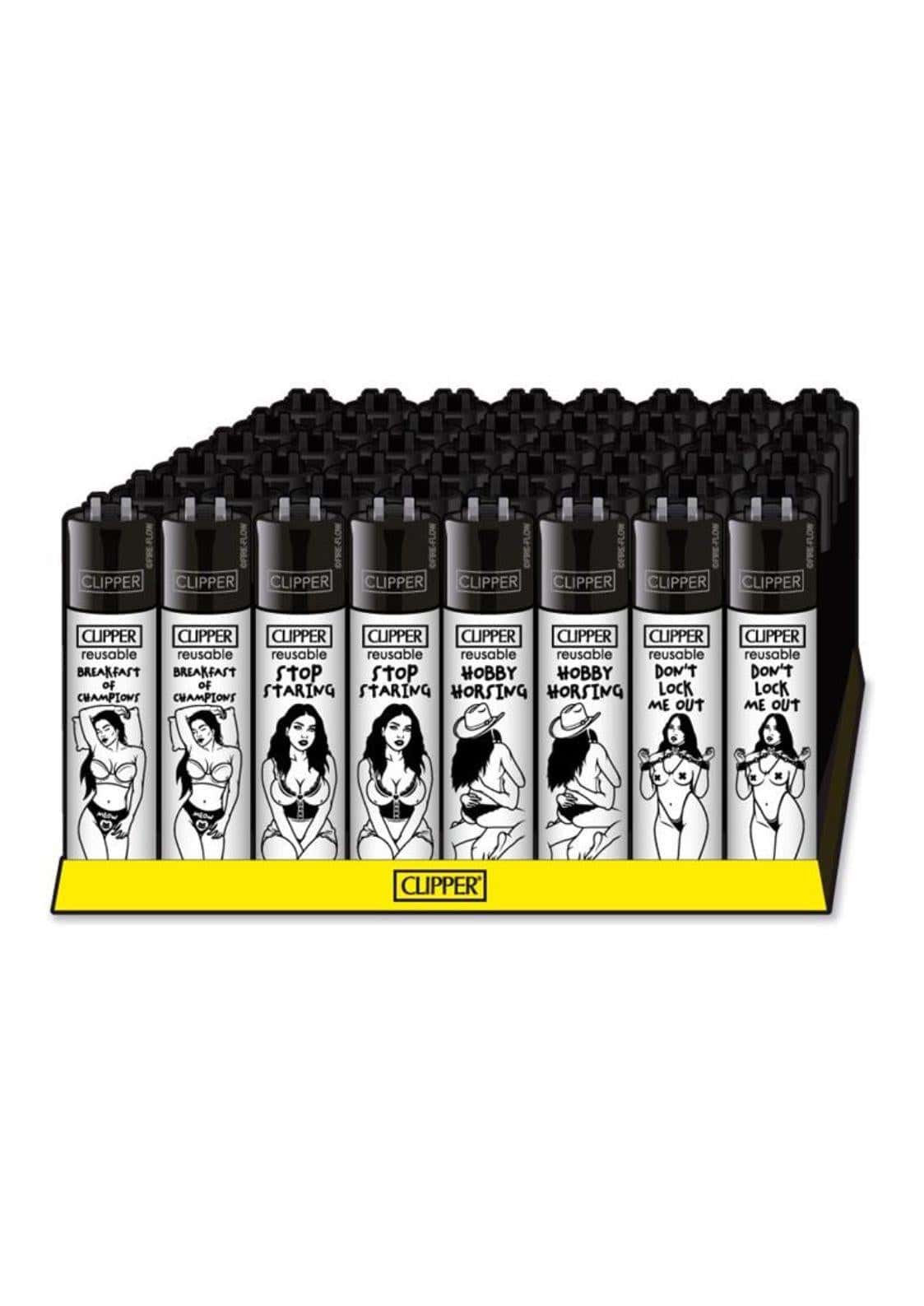 Schwarze und weiße clipper feuerzeuge mit humorvollen frauenmotiven im gelben tray don´t lock me out nachfüllbar