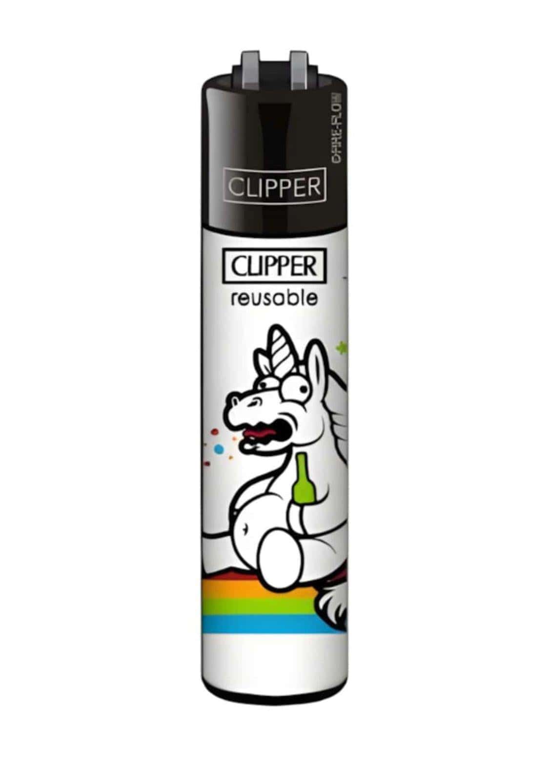 Weißes nachfüllbares clipper feuerzeug drunken unicorn mit einhorn cartoon und regenbogenstreifen am boden