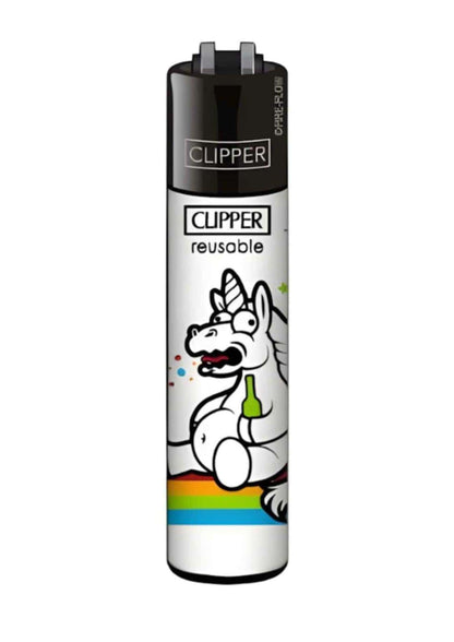 Weißes nachfüllbares clipper feuerzeug drunken unicorn mit einhorn cartoon und regenbogenstreifen am boden