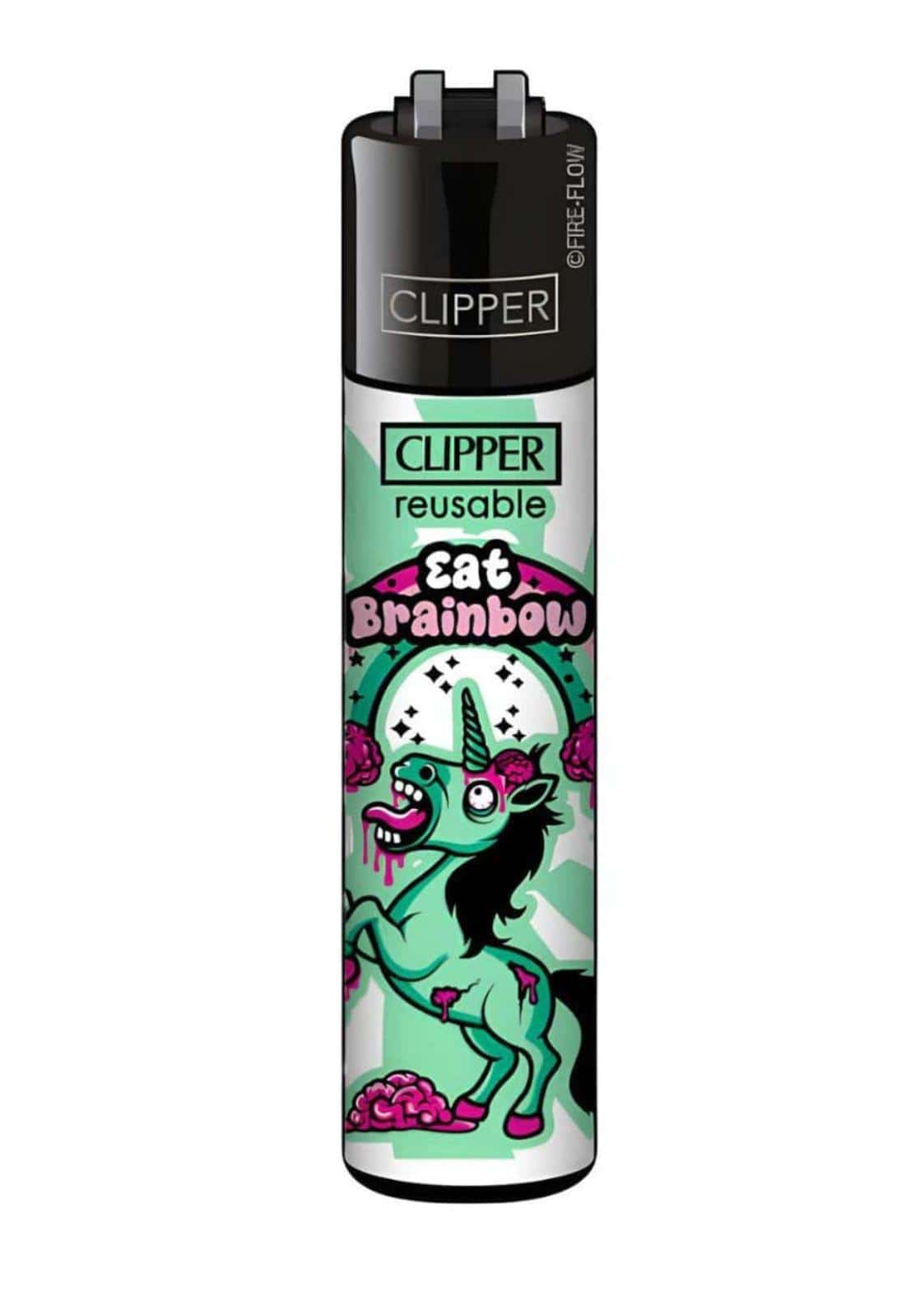 Schwarzes clipper feuerzeug eat brainbow mit grünem einhorn in original clipper qualität nachfüllbar