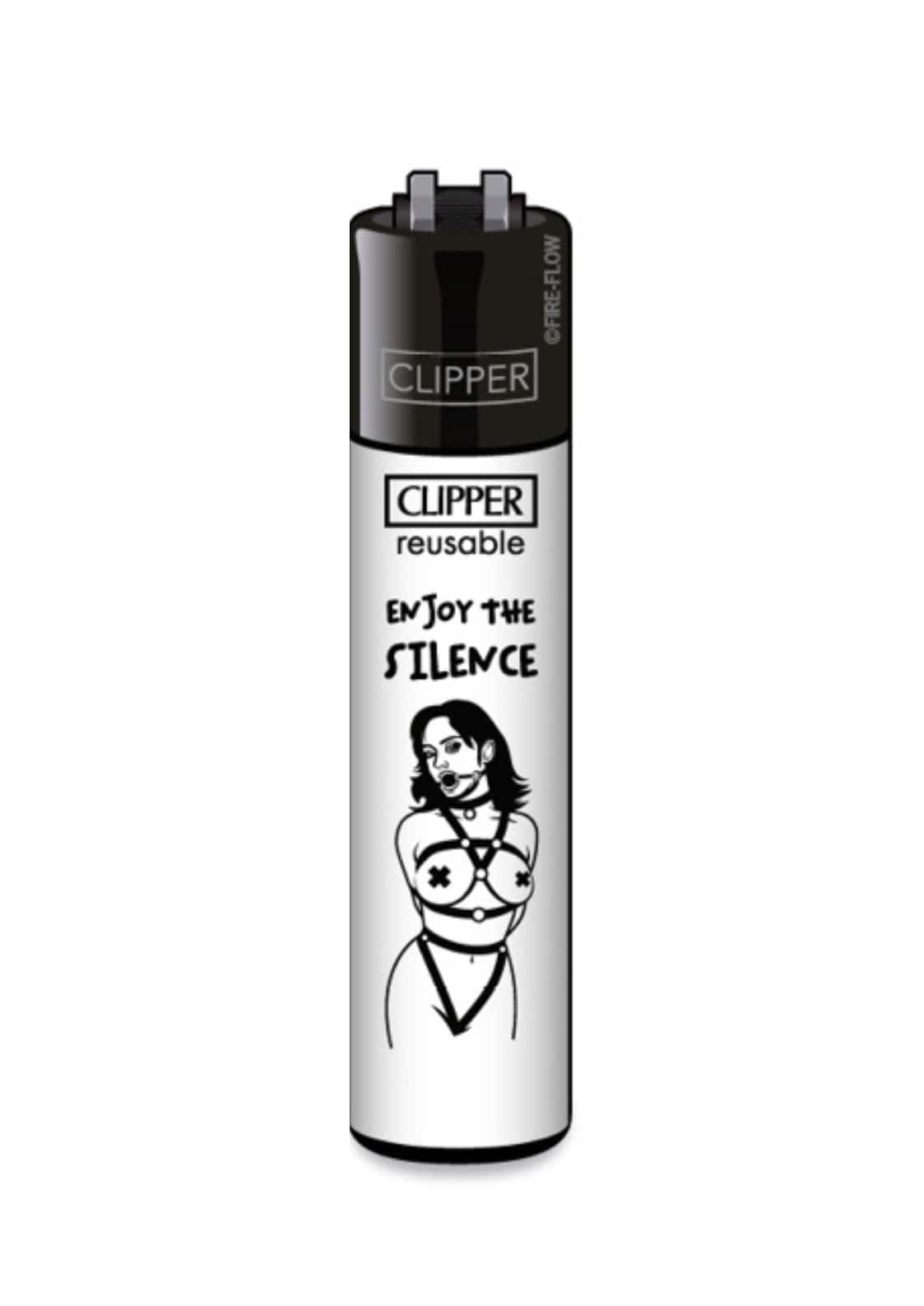 Schwarzes und silbernes clipper feuerzeug enjoy the silence mit nachfüllbarer funktion und frau im bondage-design
