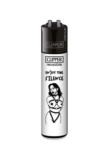 Schwarzes und silbernes clipper feuerzeug enjoy the silence mit nachfüllbarer funktion und frau im bondage-design