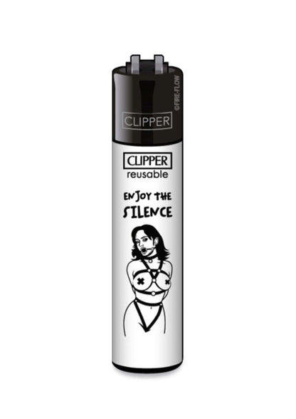 Schwarzes und silbernes clipper feuerzeug enjoy the silence mit nachfüllbarer funktion und frau im bondage-design