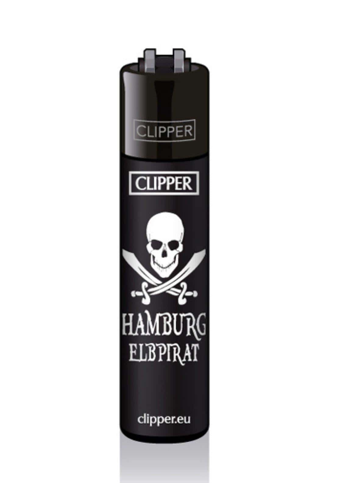 Schwarzes clipper feuerzeug mit weißem schädel und kreuzknochen design und text hamburg elbpirat für gothic kleidung