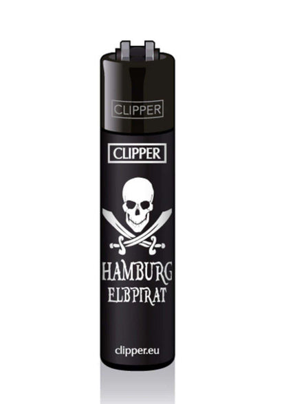 Schwarzes clipper feuerzeug mit weißem schädel und kreuzknochen design und text hamburg elbpirat für gothic kleidung