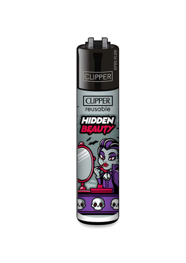 Schwarzes und lila clipper feuerzeug hidden beauty mit cartoon vampir motiv und text hidden beauty im dark art stil