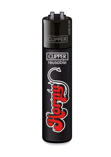 Schwarzes clipper feuerzeug mit rotem und weißem horny logo design feuerzeug horny nachfüllbar