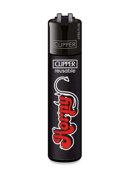 Schwarzes clipper feuerzeug mit rotem und weißem horny logo design feuerzeug horny nachfüllbar