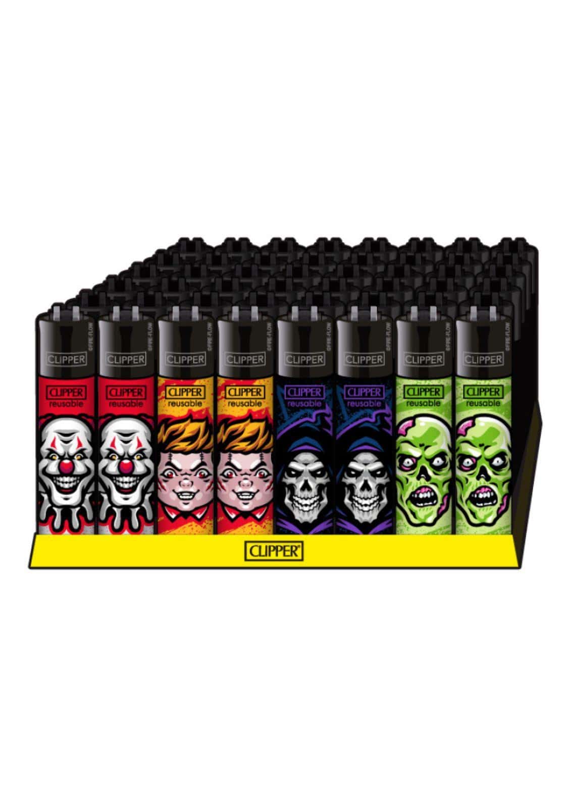 Ein set bunter nachfüllbarer clipper feuerzeuge mit einzigartigen cartoon horror designs passend zu gothic kleidung
