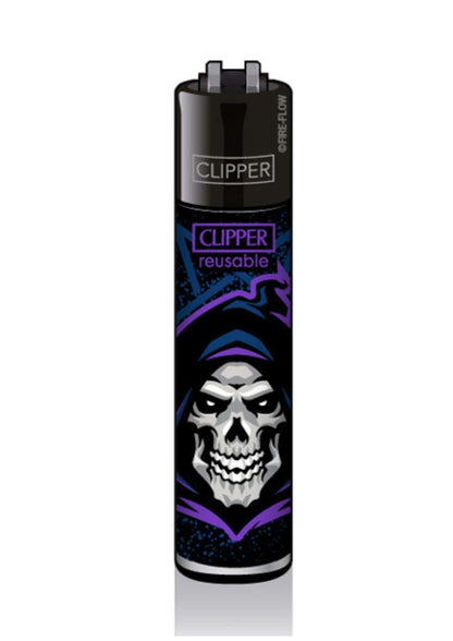 Gothic horror reaper clipper feuerzeug nachfüllbar mit lila weißem schädel in kapuzenumhang vor dunklem hintergrund