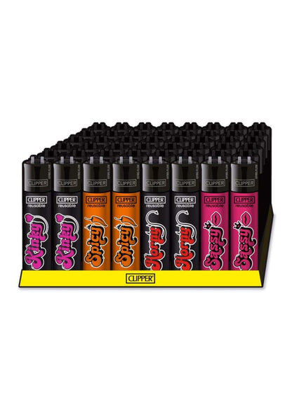 A row of clipper lighters with black bodies and vibrant pink and orange spicy branding featuring replaceable flint
