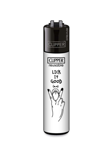 Nachfüllbares clipper feuerzeug in silber mit schwarzem top und bottom und provokantes erwachsenen-design lick it good