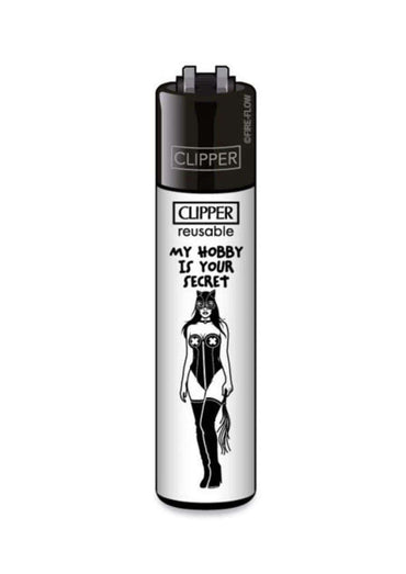 Schwarzes und silbernes nachfüllbares clipper feuerzeug my hobby mit stilisierter catwoman und text my hobby is your secret