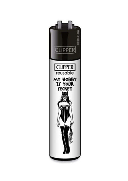 Schwarzes und silbernes nachfüllbares clipper feuerzeug my hobby mit stilisierter catwoman und text my hobby is your secret