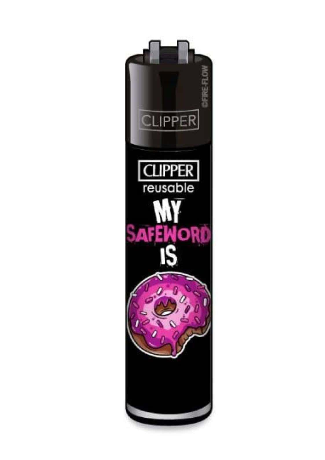 Schwarzes clipper leichter feuerzeug mit rosa donutfrosting und provokativem schriftzug my safeword is