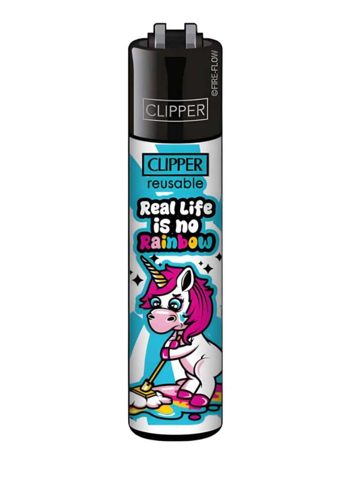 Schwarzes originales clipper feuerzeug real mit sarkastischem design einhorn und regenbogen auf hellblauem hintergrund