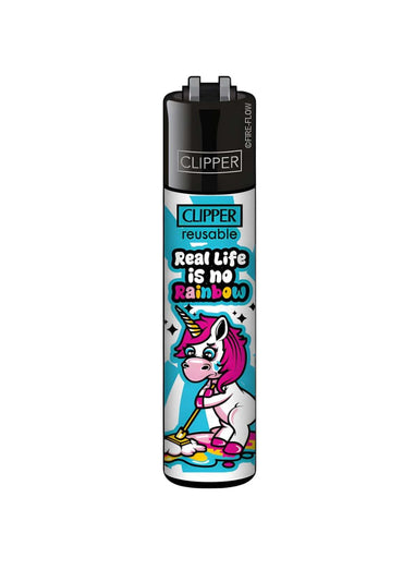 Farbenfrohes originales clipper feuerzeug real mit pinkhaarigem einhorn und sarkastischem design moppend regenbogenpfützen