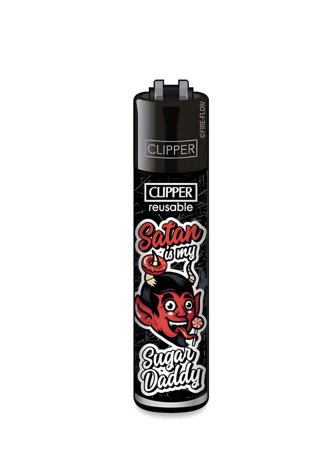 Schwarzes originales clipper feuerzeug mit rotem teufel und schriftzug satan is my sugar daddy als provokantes clipper feuerzeug satan