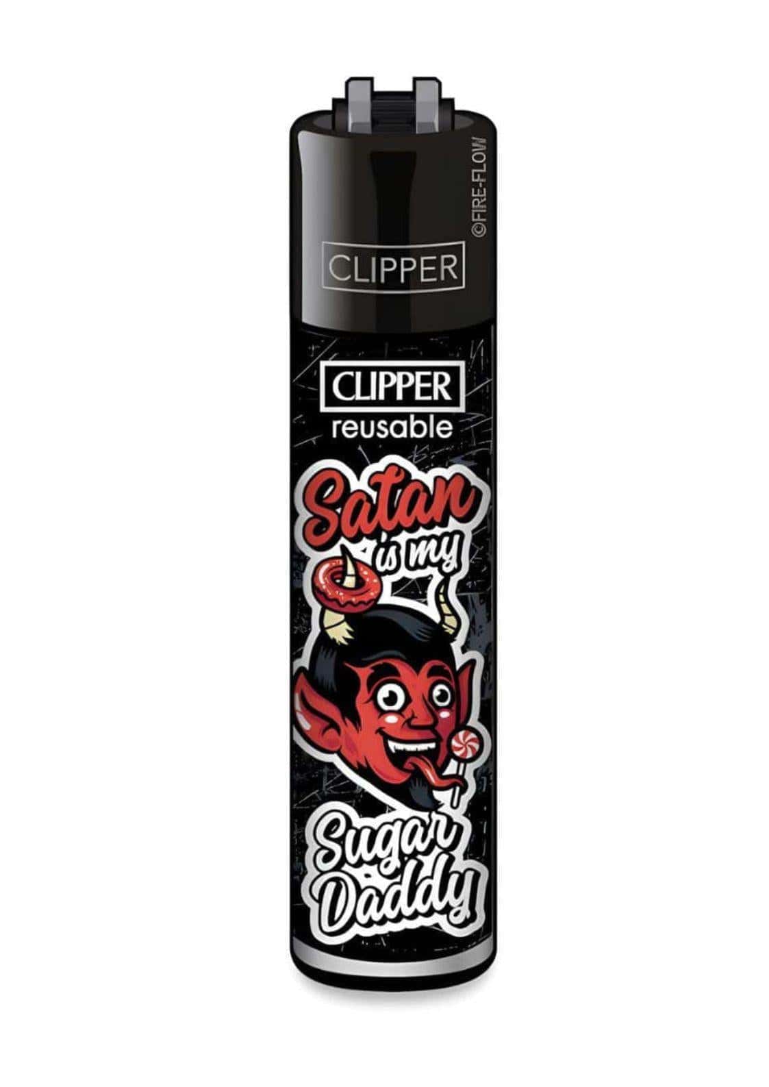 Schwarzes originales clipper feuerzeug mit rotem teufel und zuckerstange im provokanten clipper feuerzeug satan design