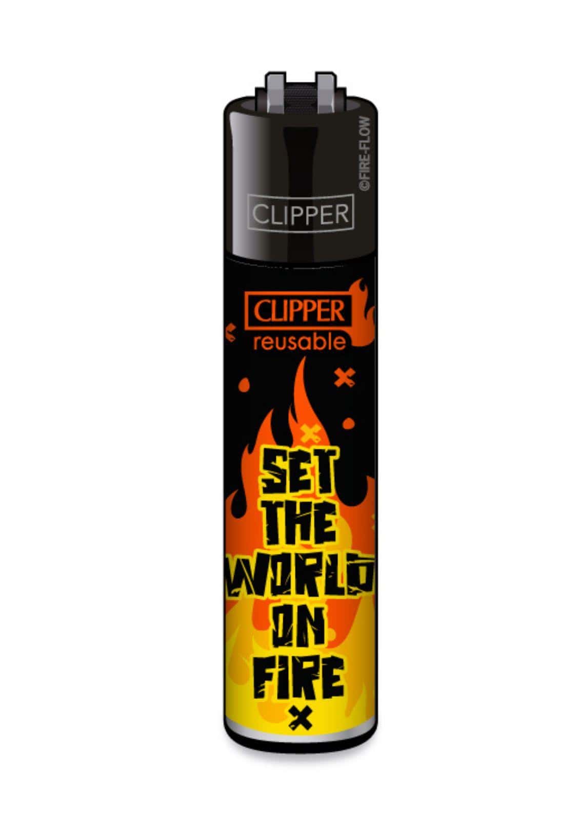 Schwarz-orange flammen clipper leichter mit gelbem set the world on fire schriftzug nachfüllbar