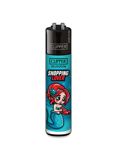 Originales clipper feuerzeug shopping lover mit türkisem kunststoffgehäuse und rothaariger meerjungfrau mit einkaufstüten