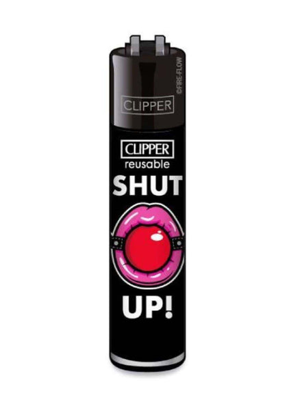 Schwarzes clipper feuzeug nachfüllbar mit pink-rotem lippenmotiv und shut up weißem schriftzug auf der vorderseite