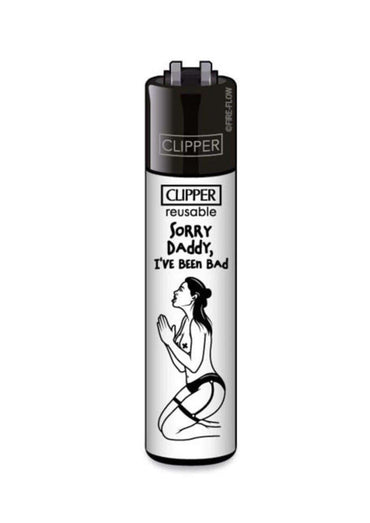 Silbernes clipper feuerzeug nachfüllbar mit schwarzem ober- und unterteil und schwarz-weiß illustrationen für sub-orientierte styles