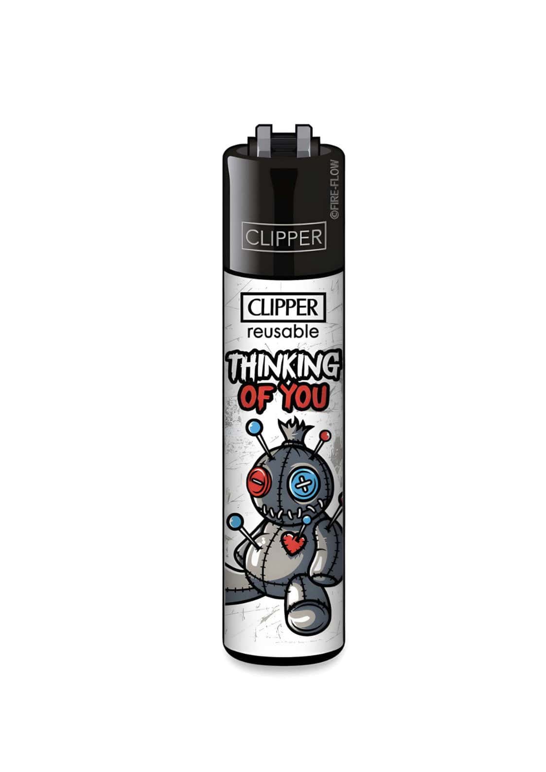 Schwarzes und silbernes originales clipper feuerzeug thinking of you mit voodoo puppe design und wiederbefüllbar
