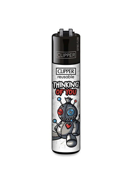 Schwarzes und silbernes originales clipper feuerzeug thinking of you mit voodoo puppe design und wiederbefüllbar